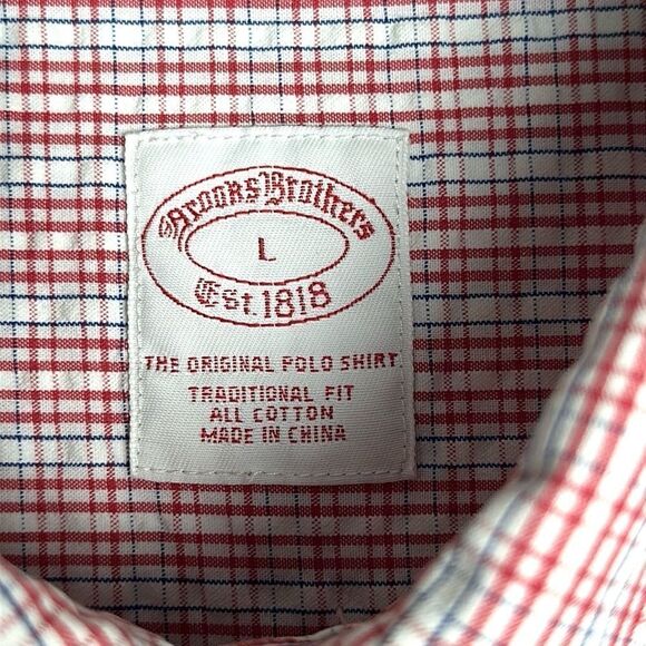 Brooks Brothers Structured Cotton Shirt Button Up White Red Plaid Short Sleeve L - Picture 10 of 10